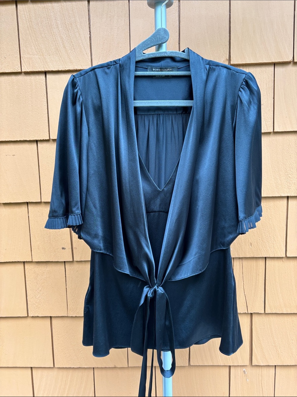 BCBG | Black Silk Boho Chic Elegant Feminine Bell Sleeve Wrap Blouse | Size S